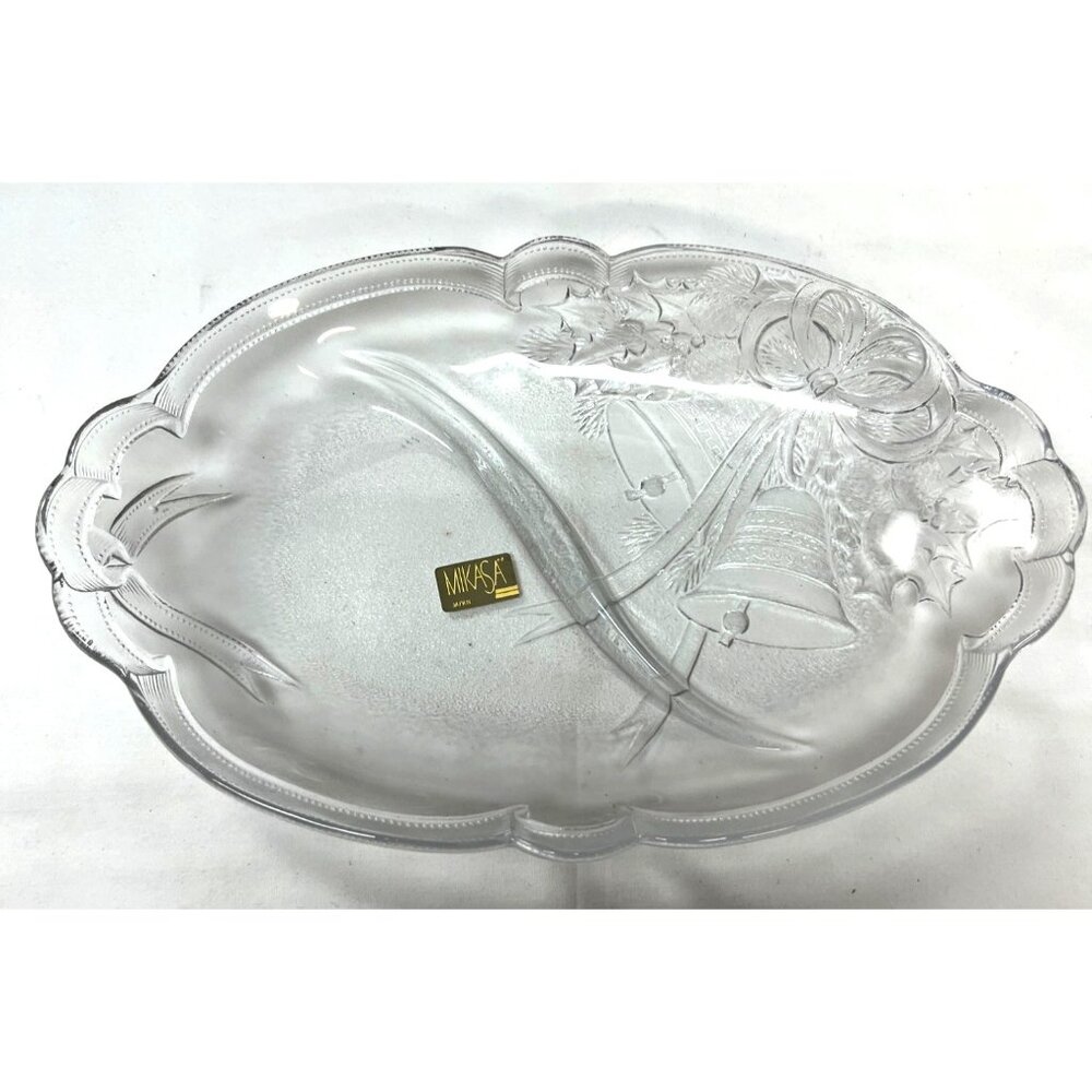 Mikasa Crystal Christmas Holiday Oval Platter With Embossed Holly & Bell Design